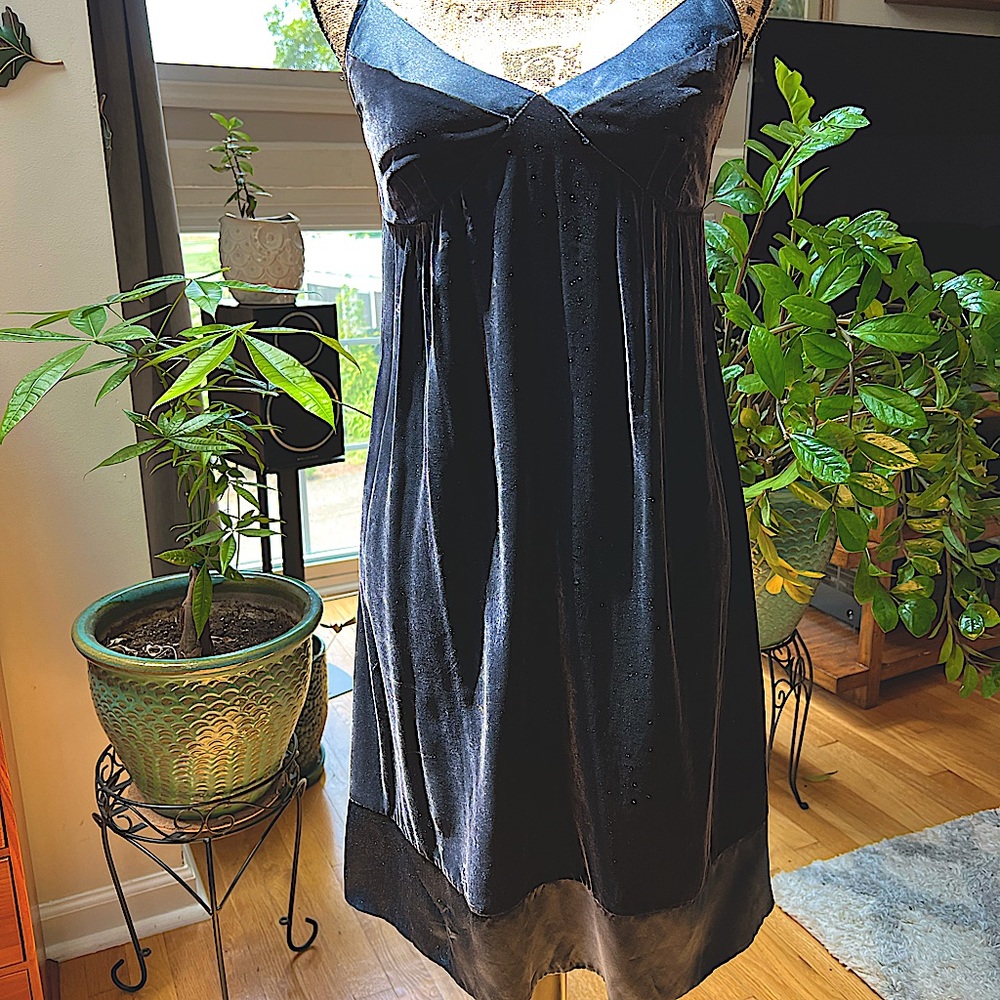 Velvety Navy Spaghetti Strap Dress with Silky Accents